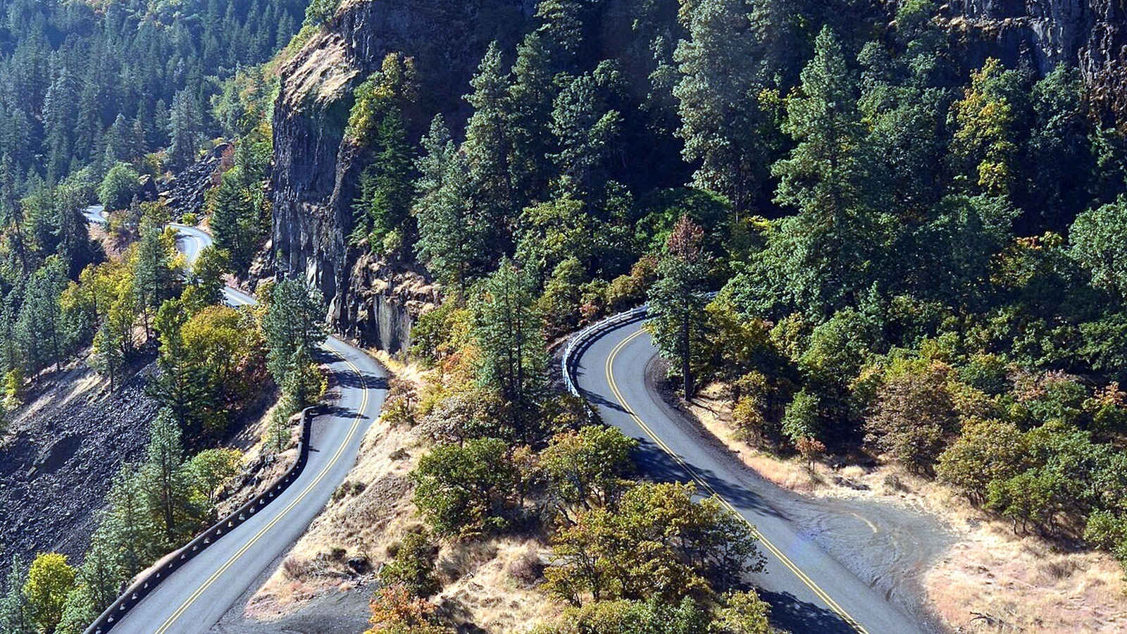 Historic Columbia River Highway switchbacks seen from Rowena Crest in autumn