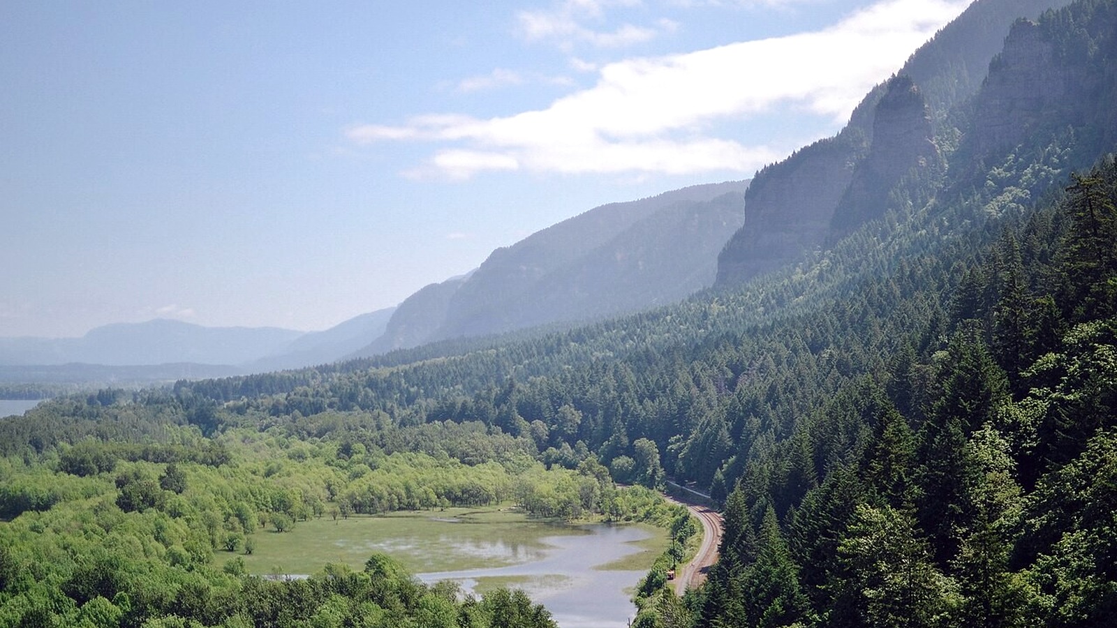 Bright Columbia River Gorge view from the Horsetail Falls hiking route