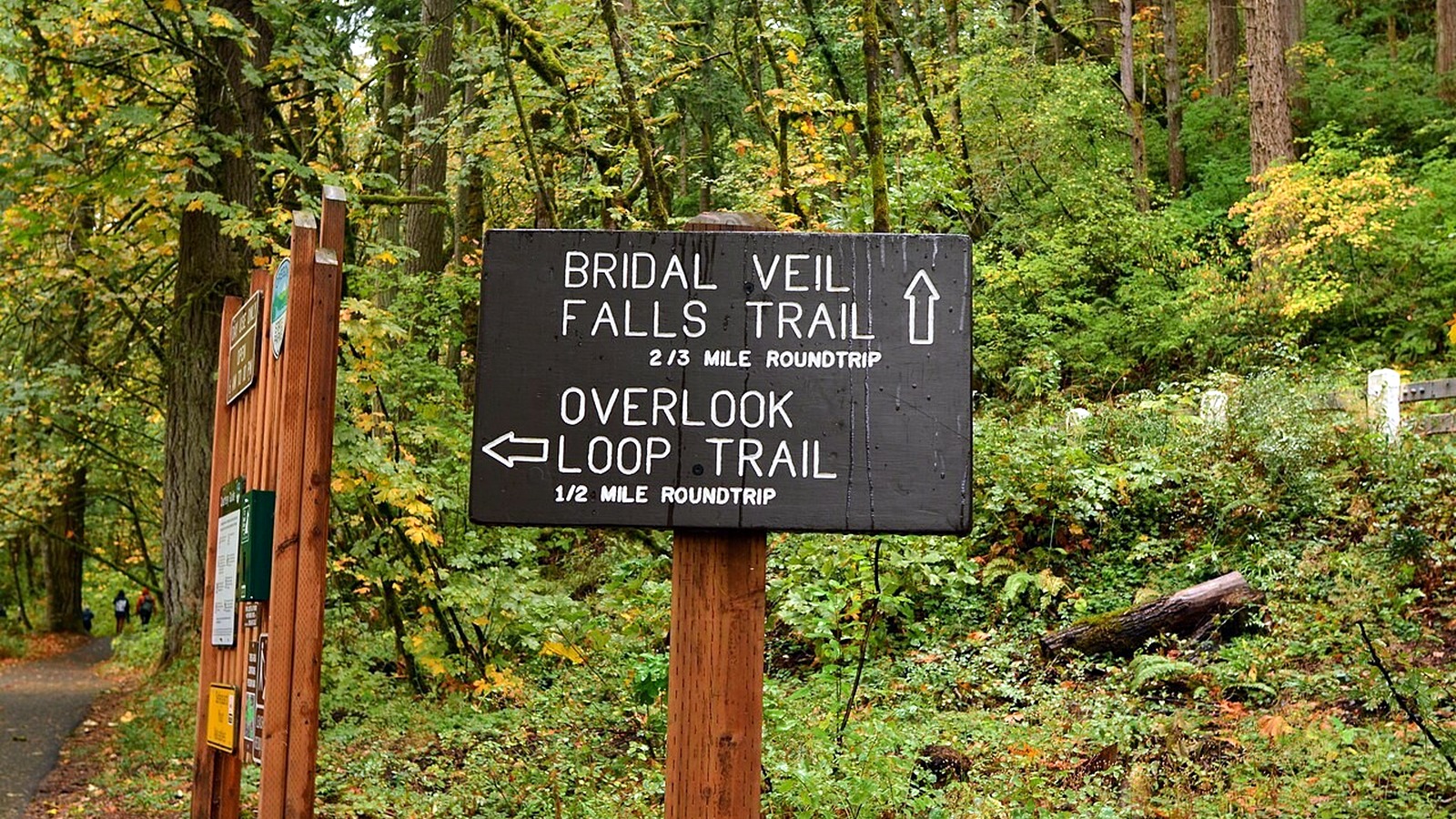 Bridal Veil Falls trailhead sign pointing to the falls and overlook loop