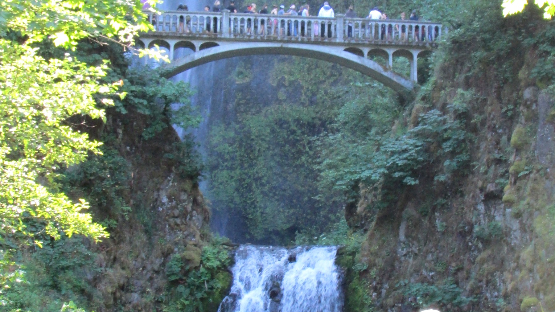 Visitors crossing Benson Bridge in front of Multnomah Falls