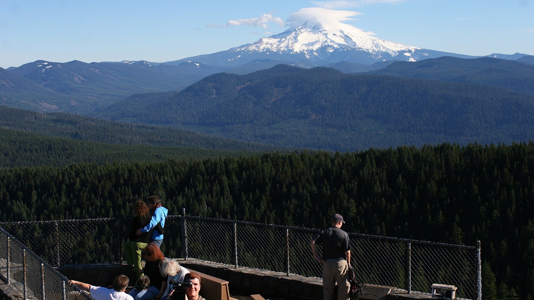 Visitors at sunny Sherrard Point on Larch Mountain