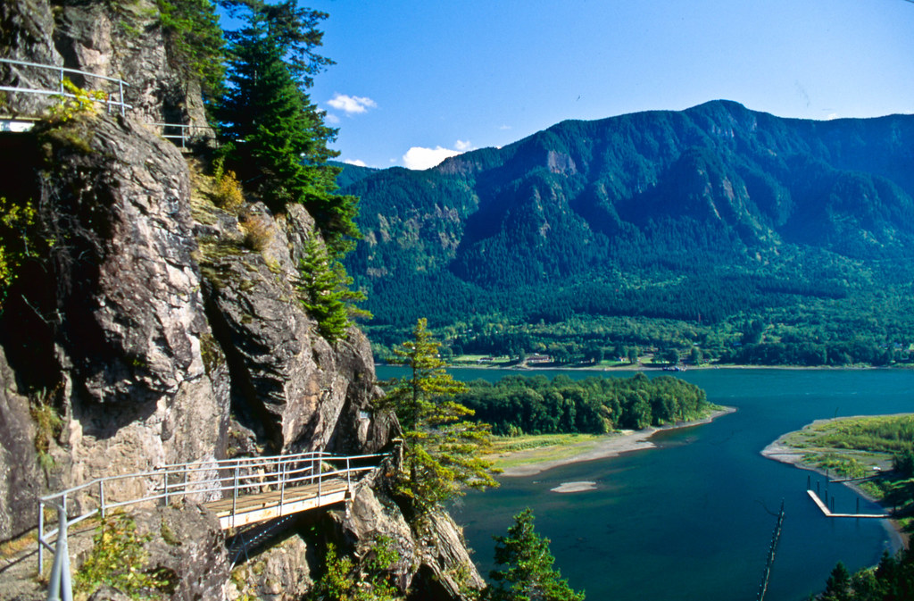 Cliffside walkways on Beacon Rock above the Columbia River in Washington.