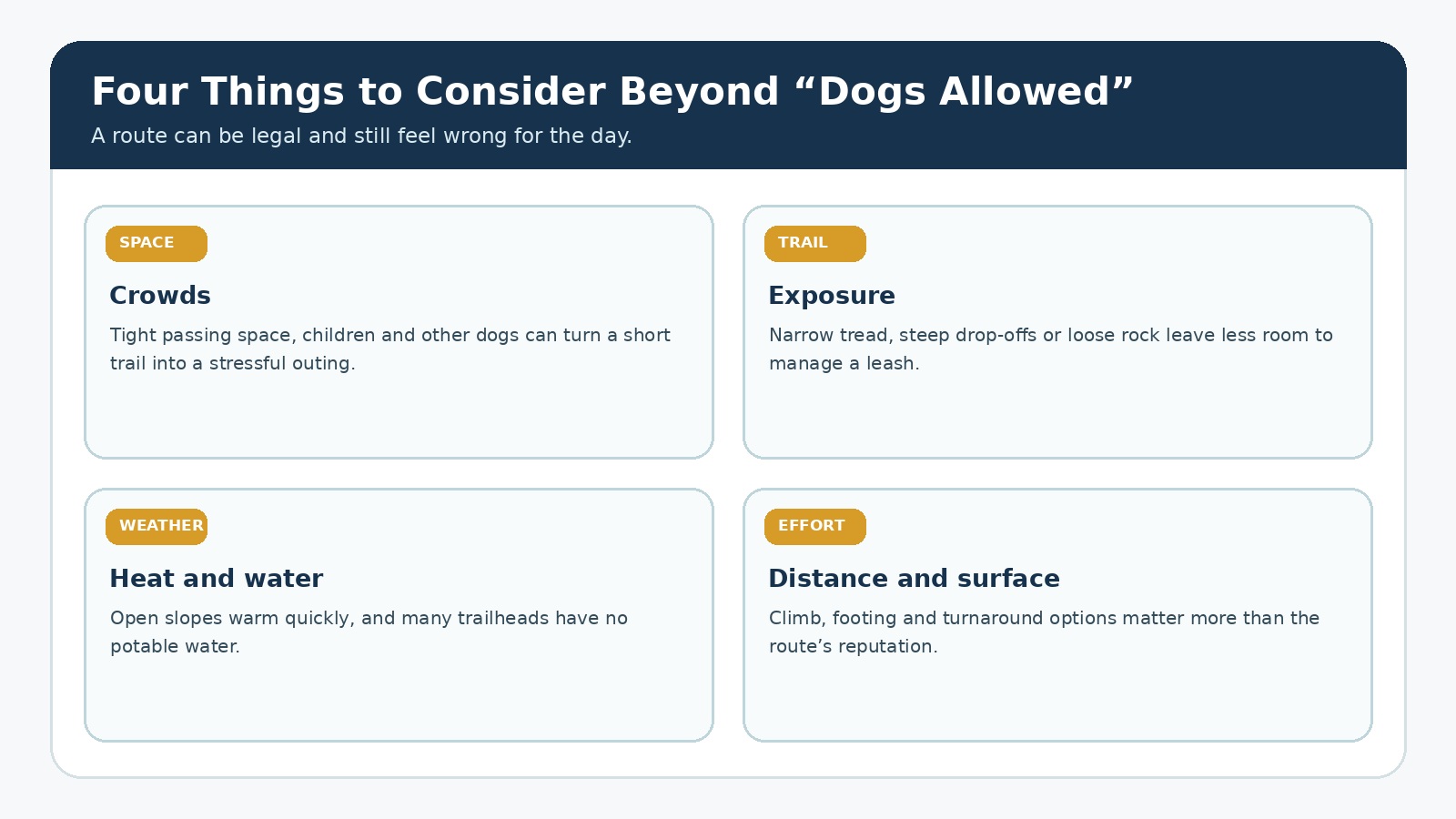 Four cards explain how crowds, exposure, heat and water, and trail effort affect whether a hike suits a dog