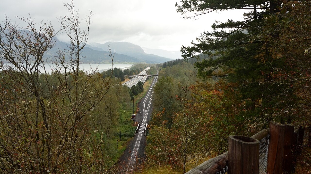Rail tracks and autumn forest viewed from the Overlook Loop Trail at Bridal Veil